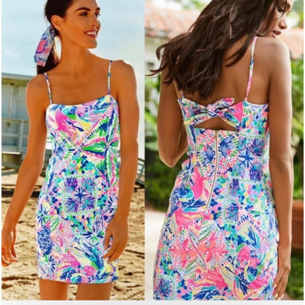 Lilly Pulitzer Donna Romper Swizzle Stick Print Pink Blue Size 4 Tie Back Shift